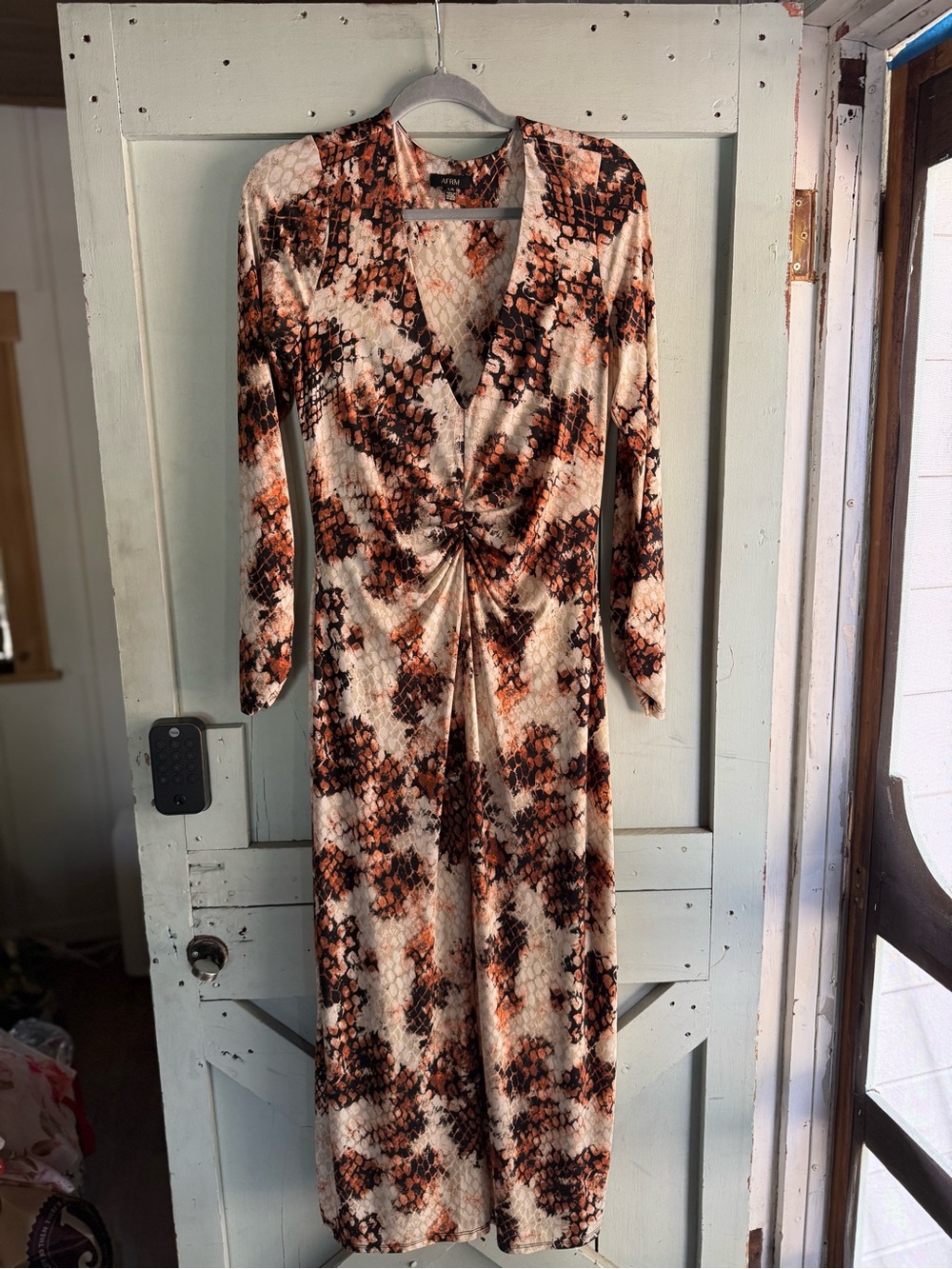 Twist-Front V-Neck Long Sleeve Women's Dress in Cream and Brown